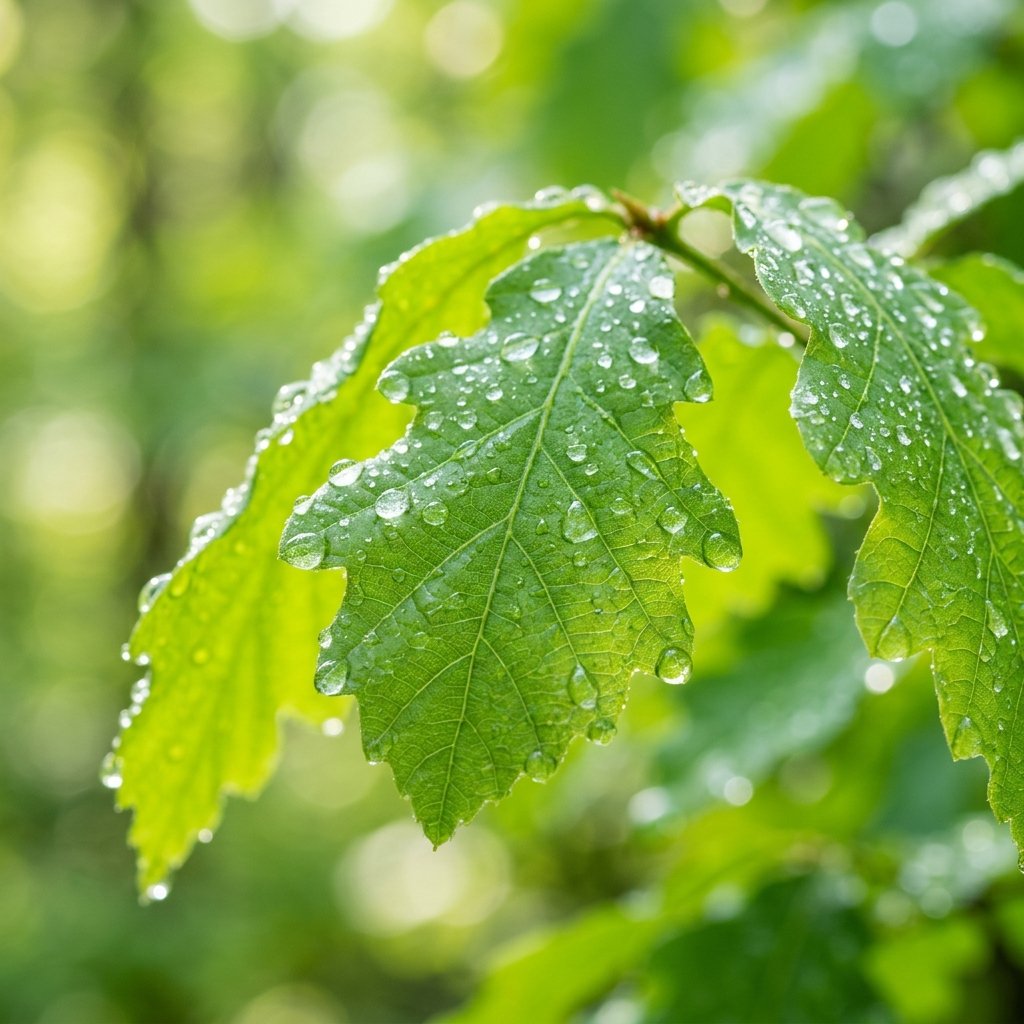 Hojas verdes naturales con gotas de rocío representando limpieza ecológica